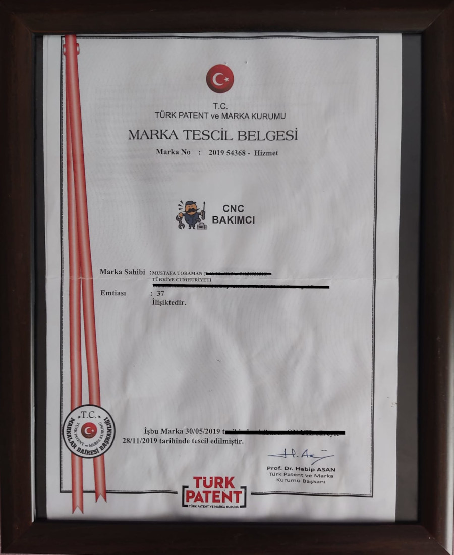 CNC Bakımcı Marka Tescil Belgesi